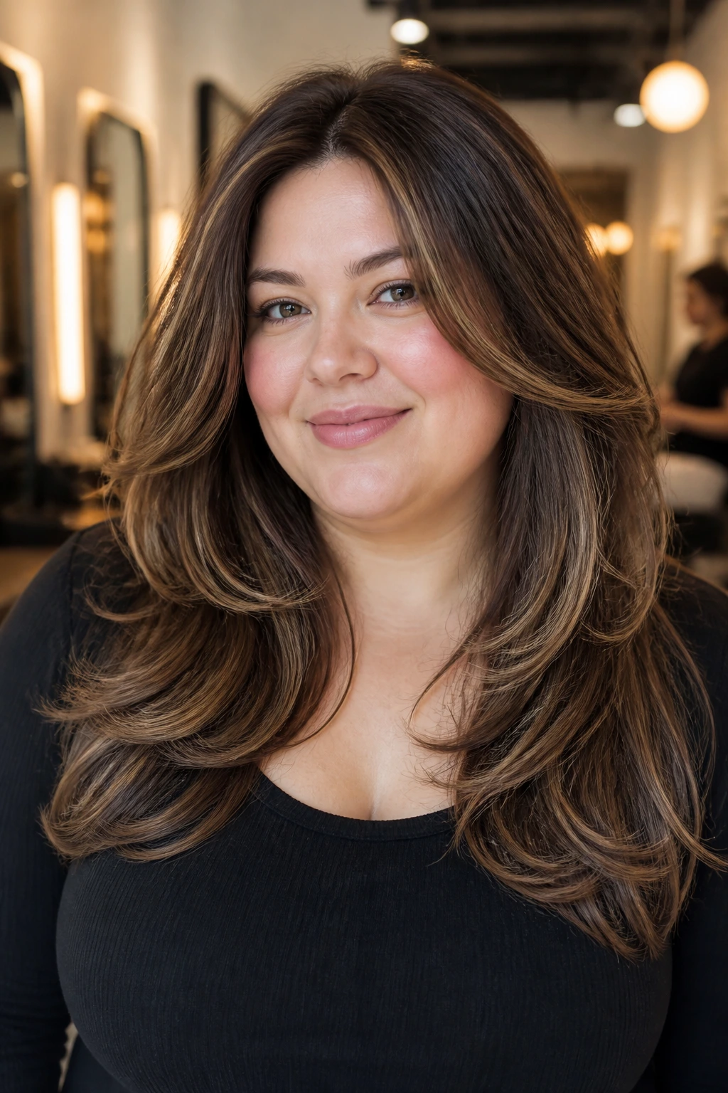 Close-up portrait of a real woman with high-volume layered long hair.