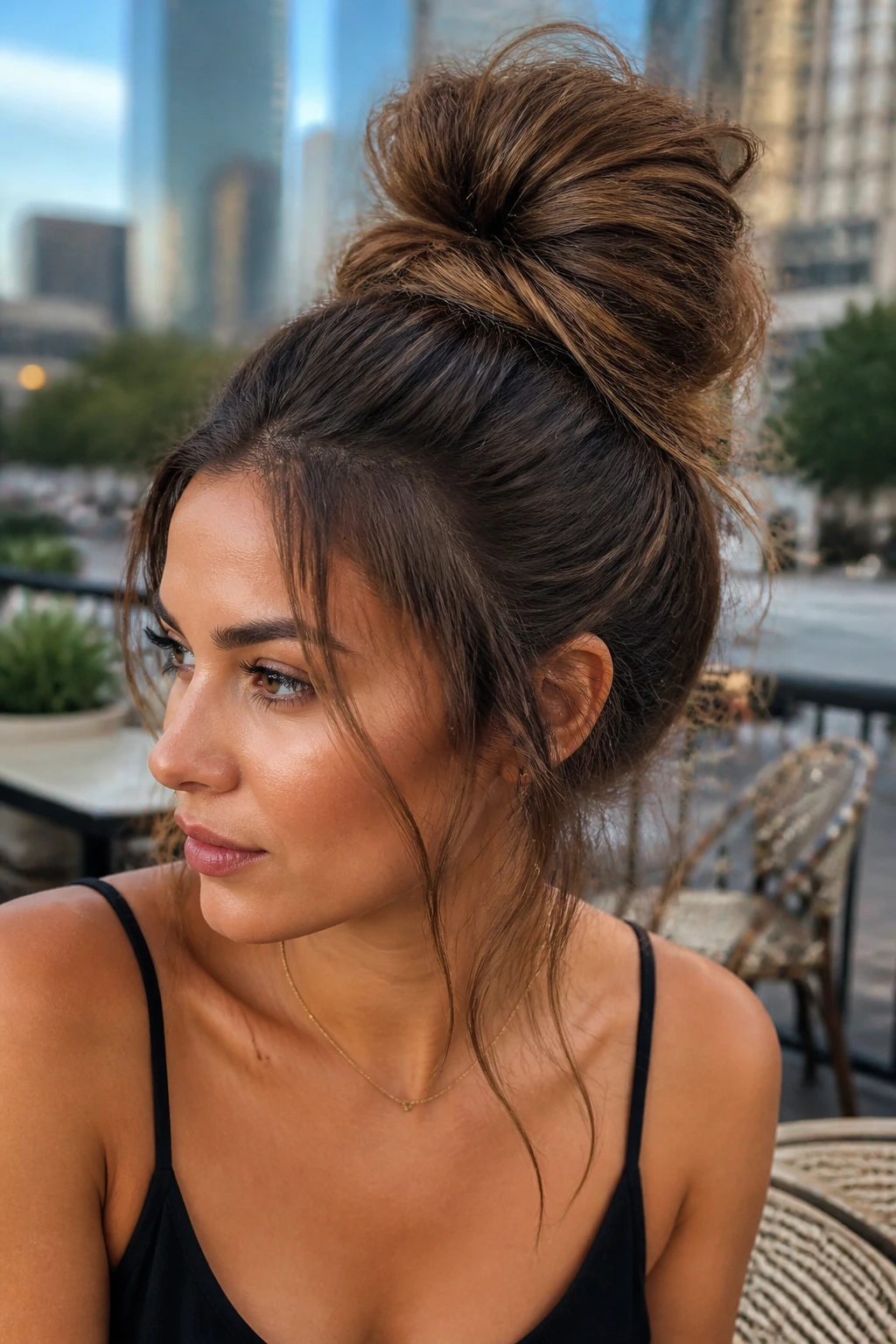 Close-up of a real woman with a high-volume messy bun in an urban setting.