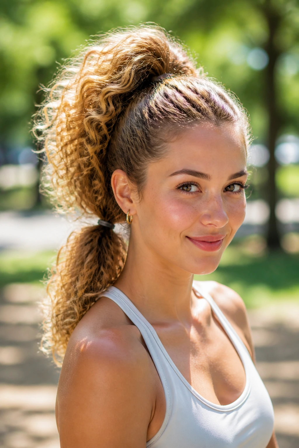 Close-up of a real woman with a two-section high-volume ponytail outdoors