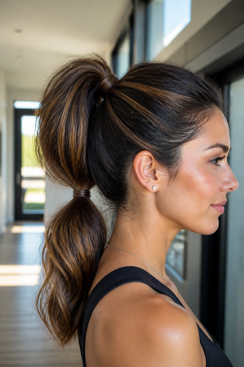 Profile shot of a real person with a high-volume stacked ponytail.