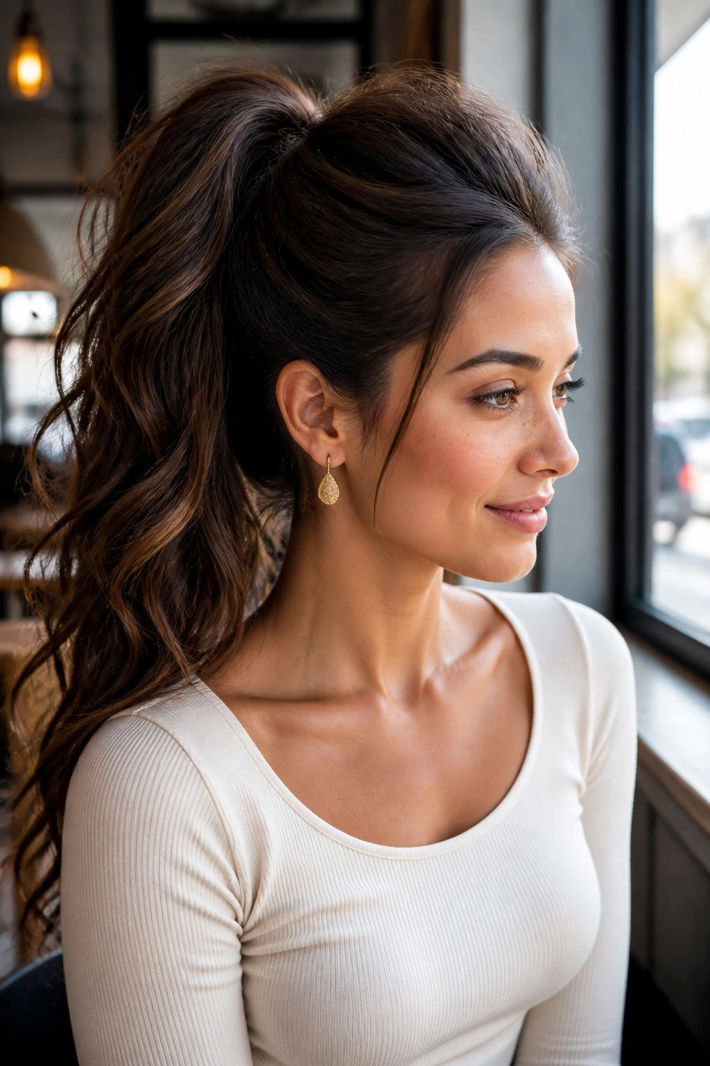 Close-up of a real woman with a high-volume teased ponytail in daylight