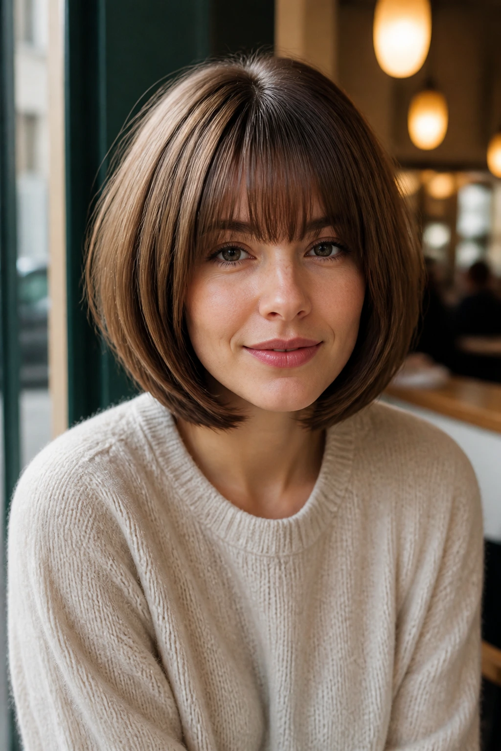 Close-up of real woman with high-volume round bob and straight bangs.