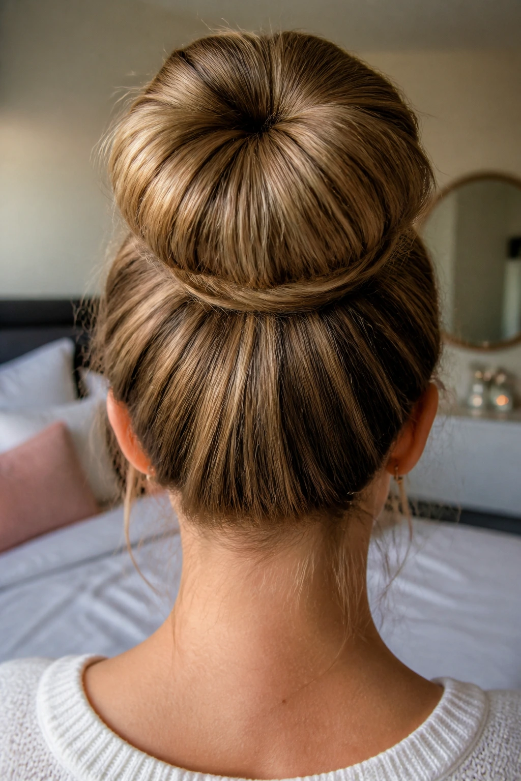 Back view of a real person with a high-volume sock bun