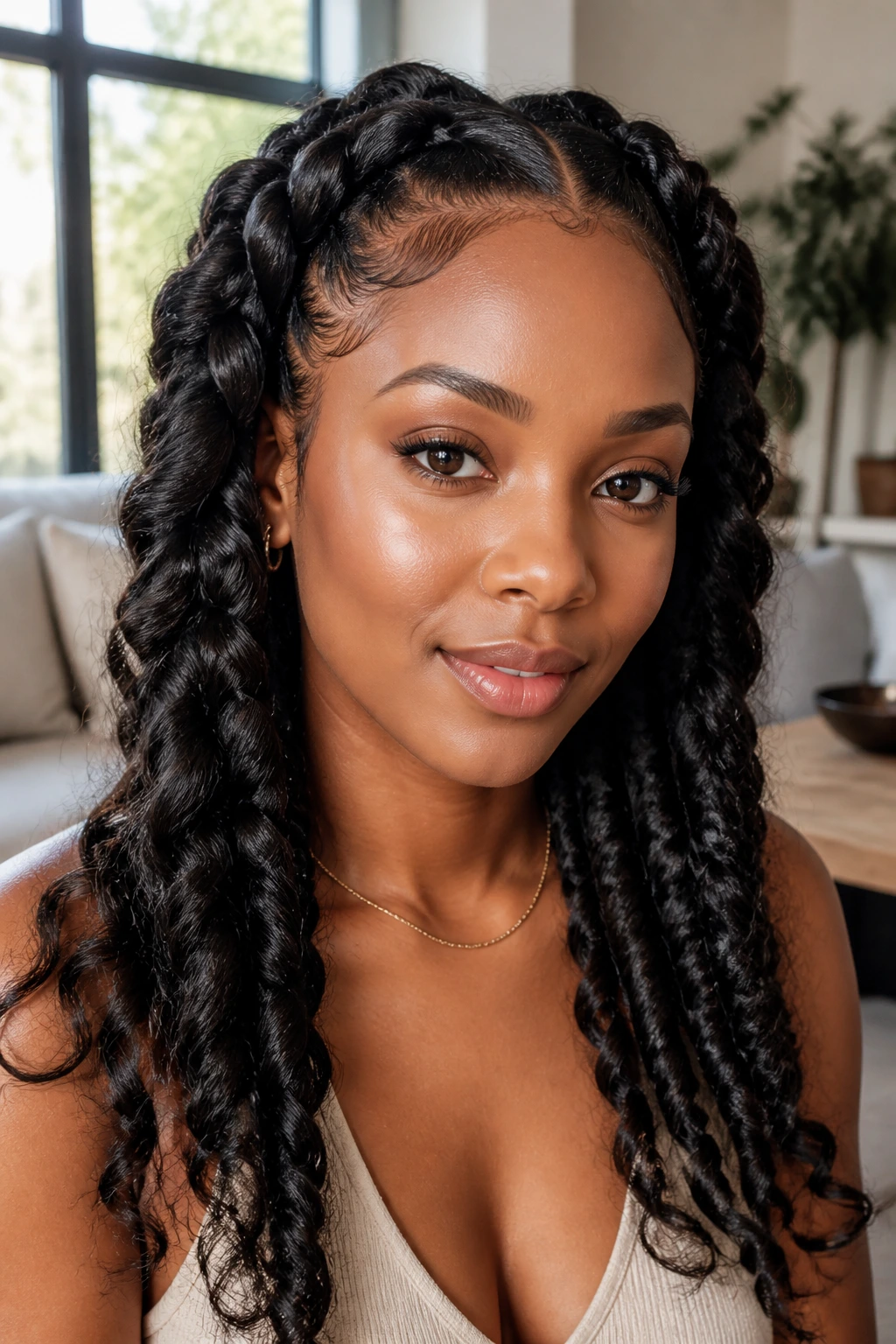Close-up of a real woman with high-volume textured goddess braids
