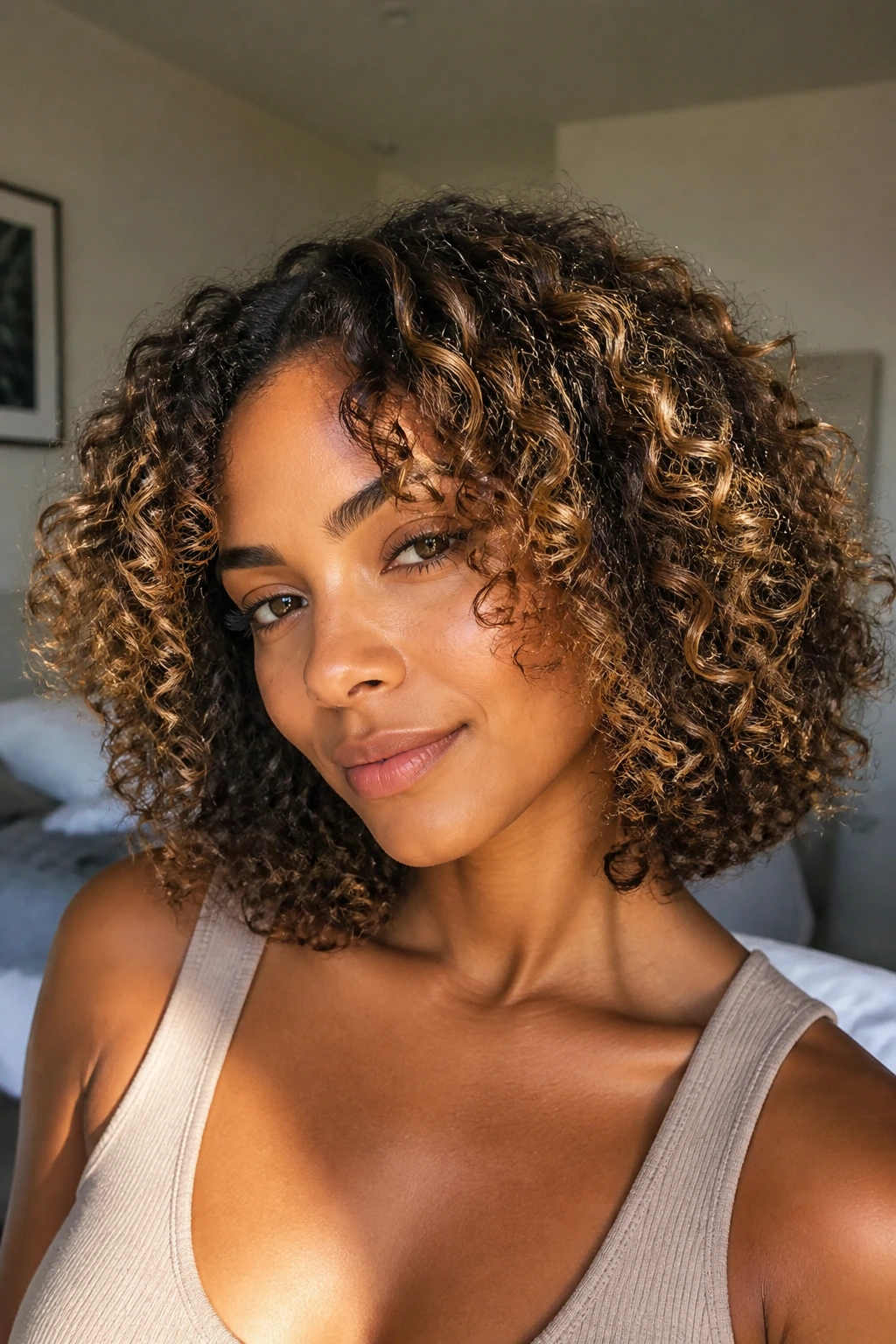 Close-up of a real woman with natural-highlighted shoulder-length bob showing caramel highlights.