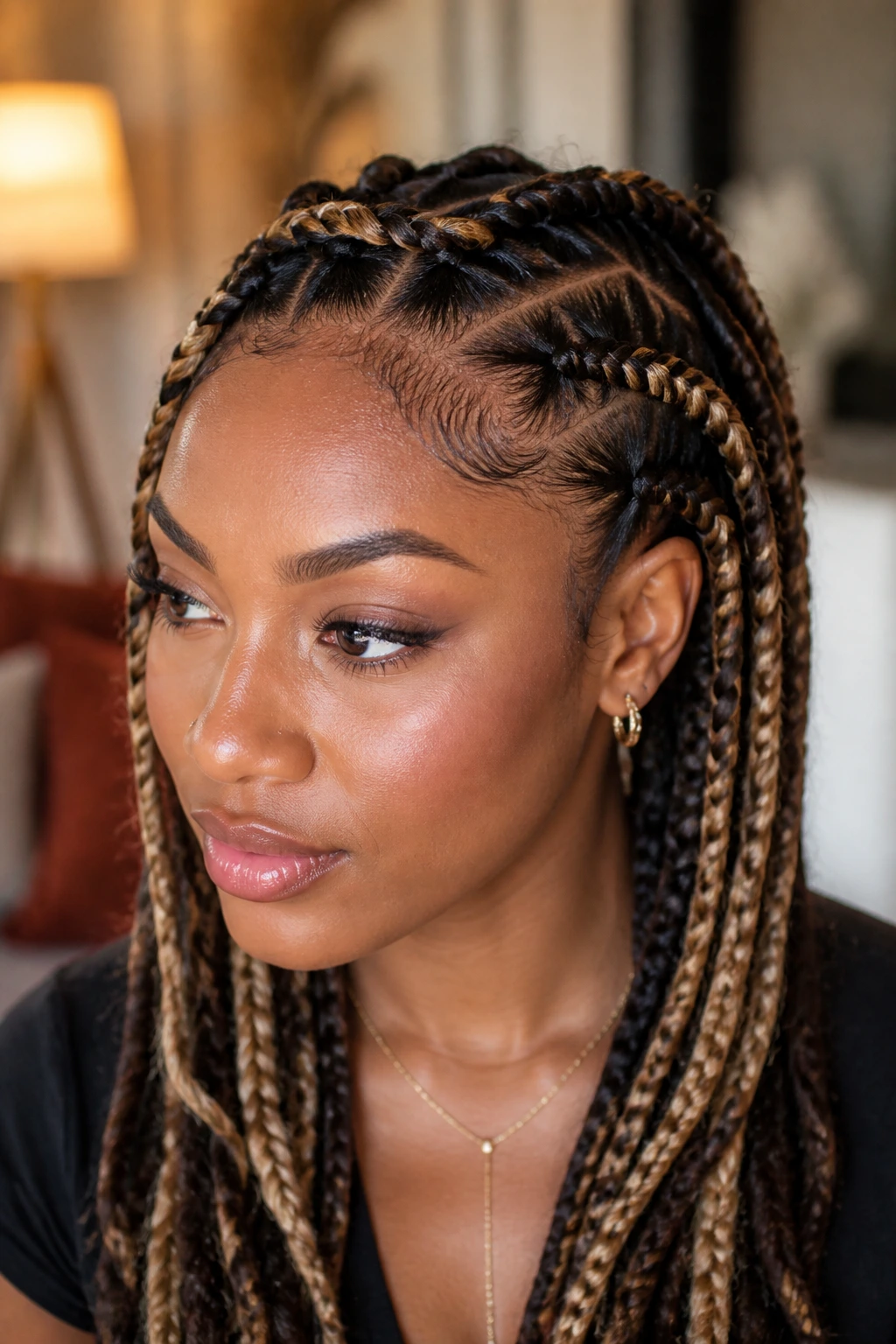 Close-up of a real woman with highlighted extensions in a goddess braid showing root-to-extension contrast