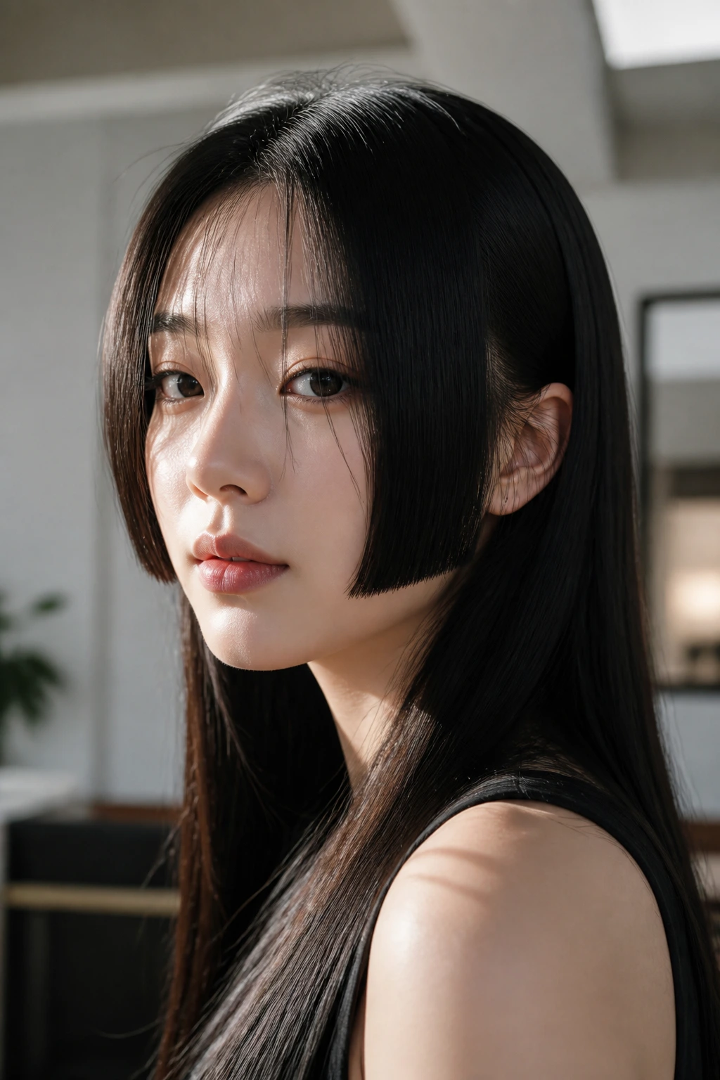 Close-up portrait of a woman with modern Hime cut framing her face