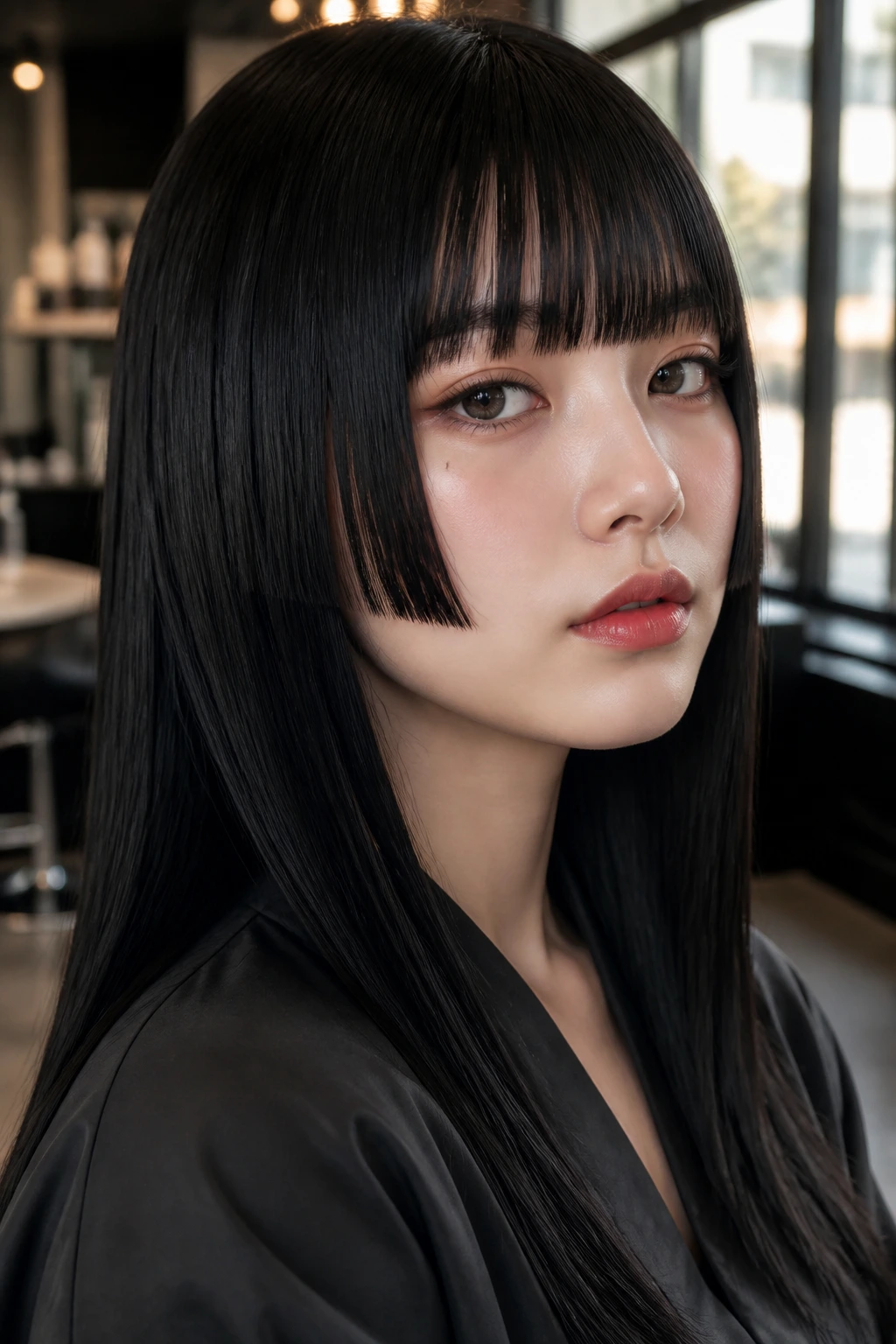 Close-up portrait of a woman with Hime-cut jet-black hair and blunt bangs