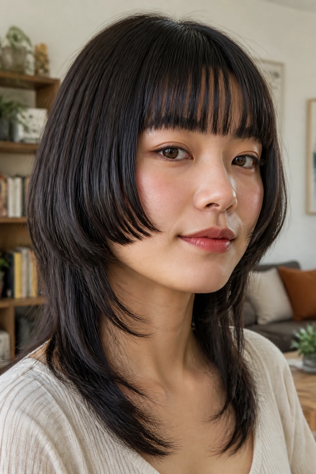 Portrait of a woman with softened Hime cut and side steps
