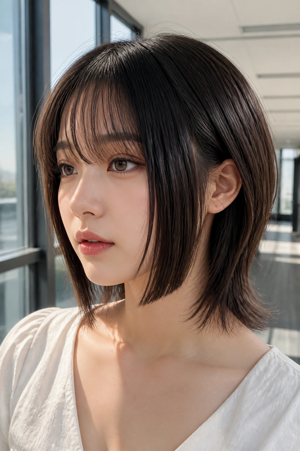 Close-up of real person with Hime cut side strands featuring beveled layers and wispy fringe in bright daylight
