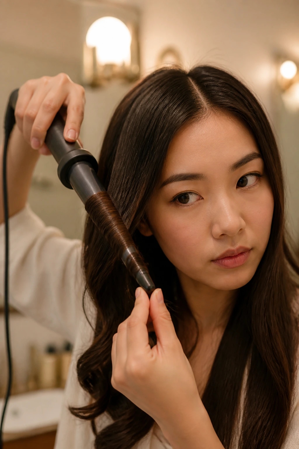 Close-up of hair held on curling wand during curl heat time on a real person