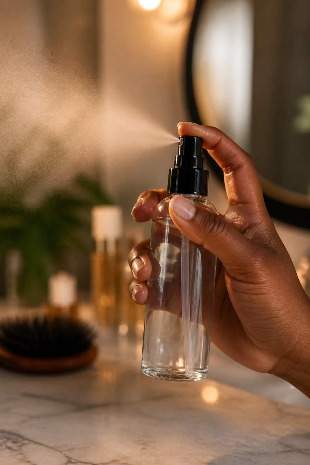 Close-up of a clear spray bottle with no label for holding spray.