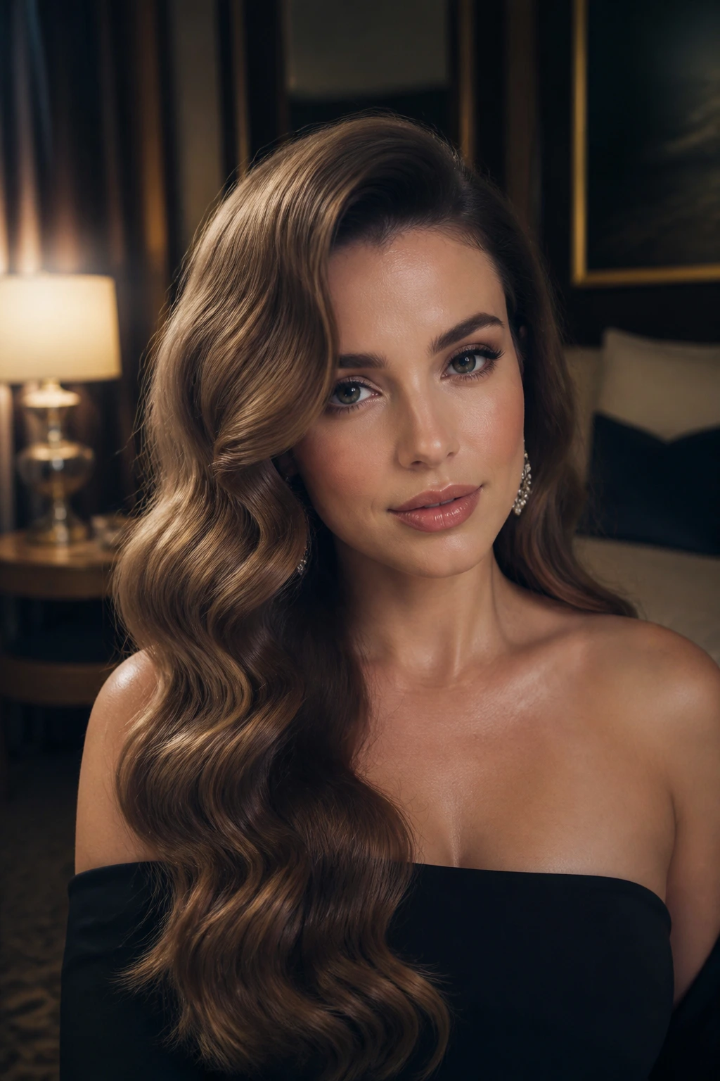 Real woman with Hollywood glamour waves in upscale hotel suite
