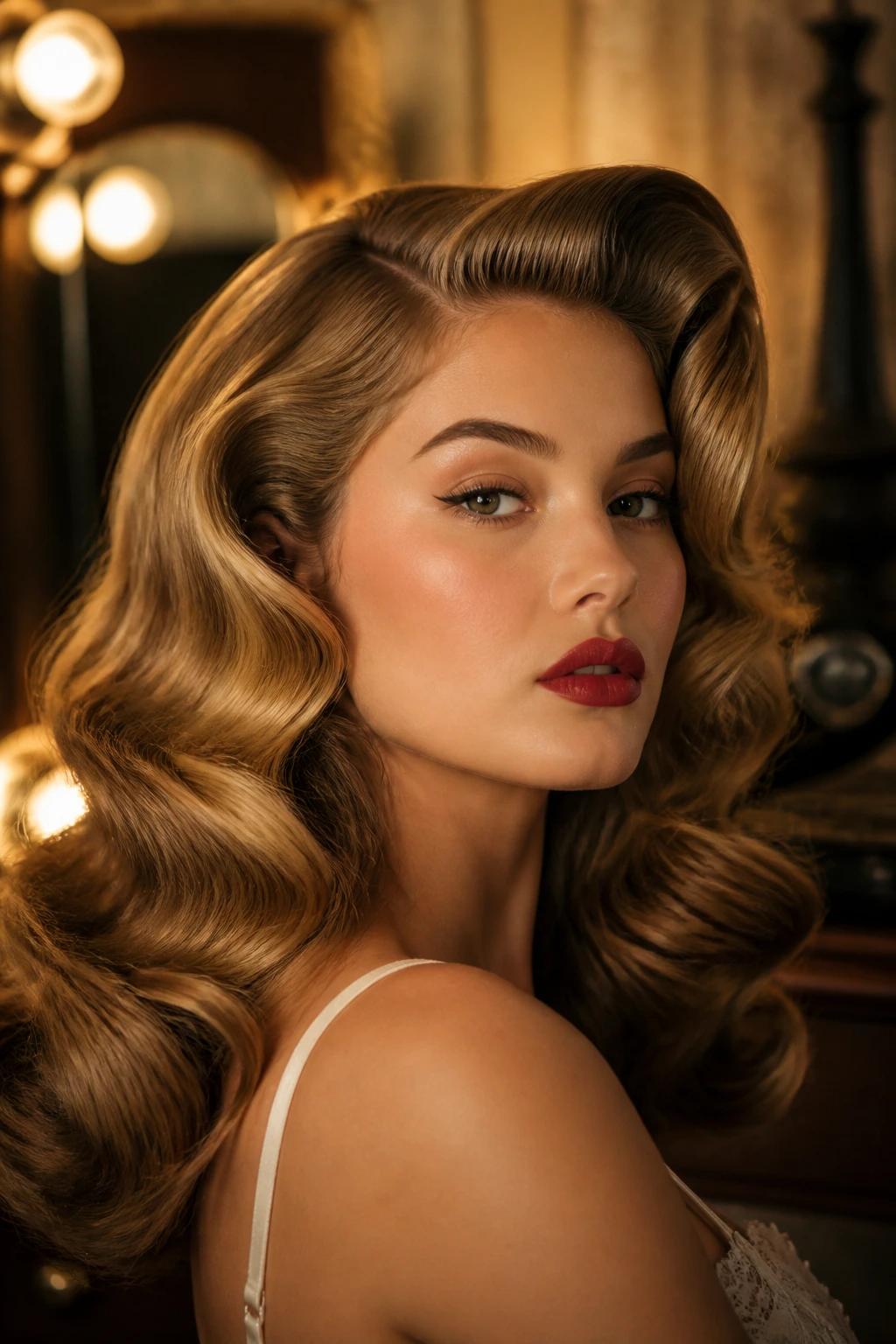 Woman with vintage Hollywood waves in a warm dressing room