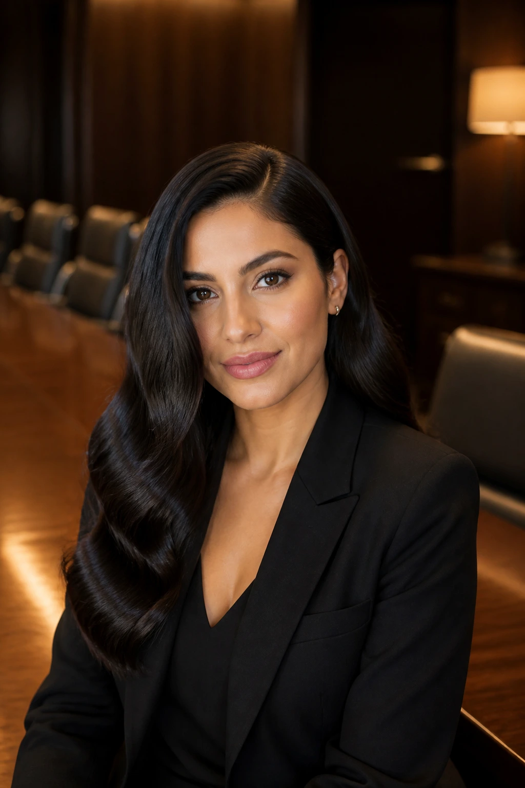 Close-up of a real person with Hollywood-style waves and a long angled cut in a boardroom