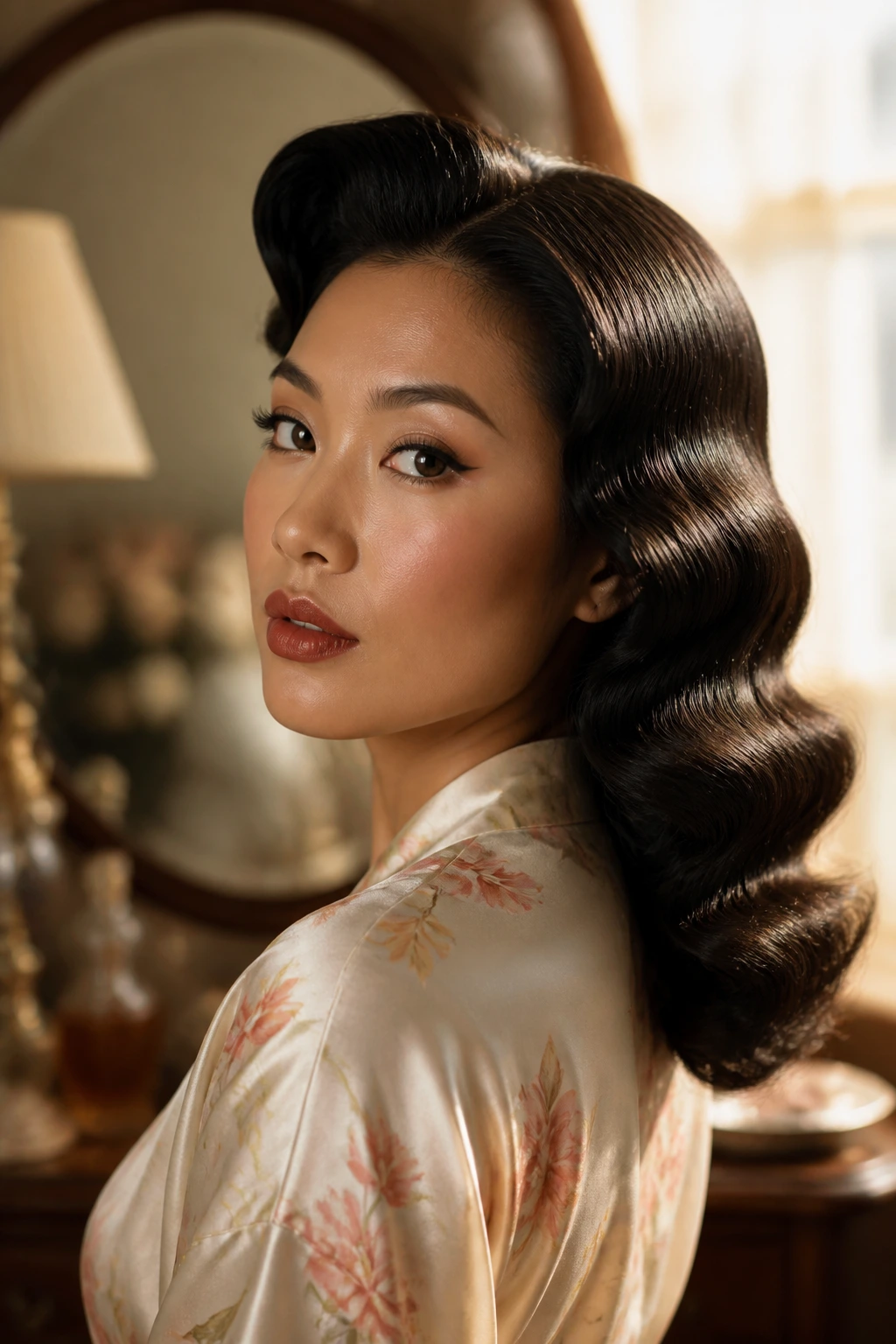 Close-up of a real Asian woman with glossy 1950s Hollywood waves in a single cohesive pattern.