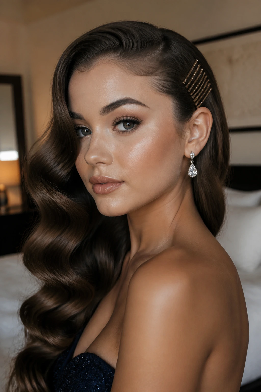 Side-swept Hollywood waves with stacks of bobby pins behind the ear