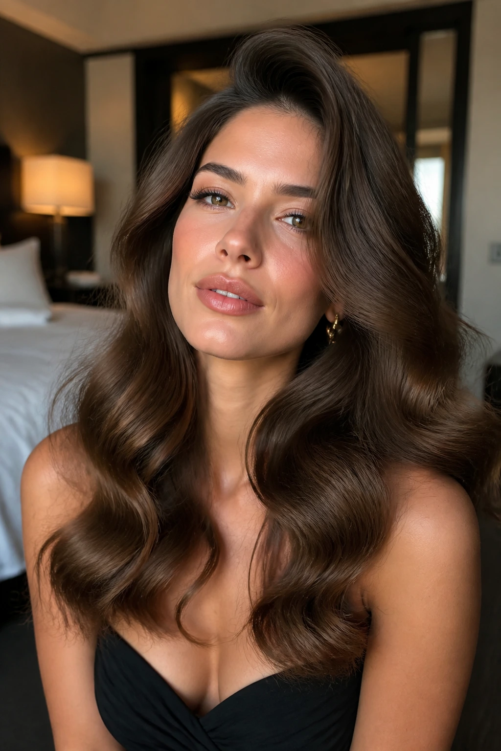 Close-up of a real person with soft brushed-out Hollywood waves.