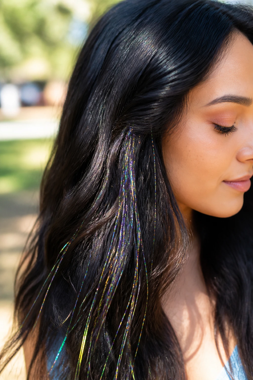 Dark-haired woman with holographic rainbow-reflecting tinsel in hair.