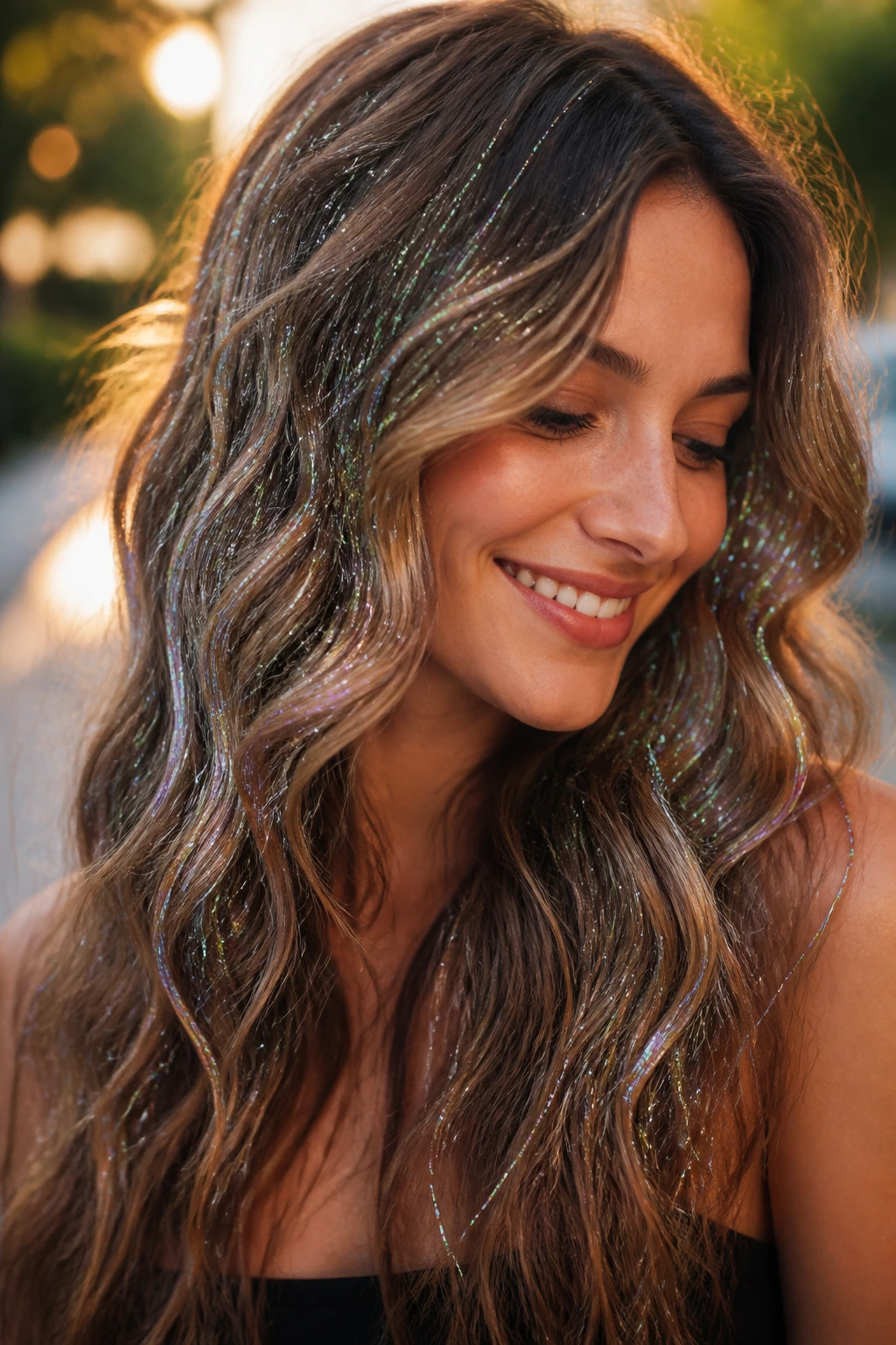 Portrait of a real person with holographic silver strands woven into loose waves outdoors in daylight