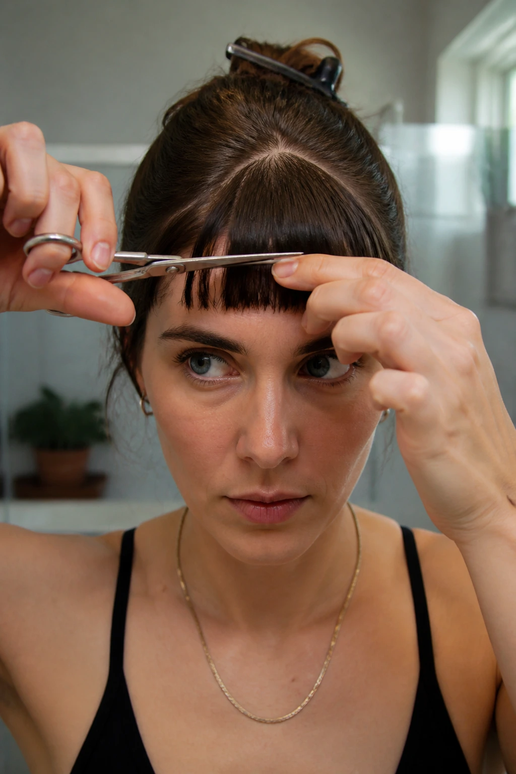 Close-up of a person trimming baby bangs with professional shears at home