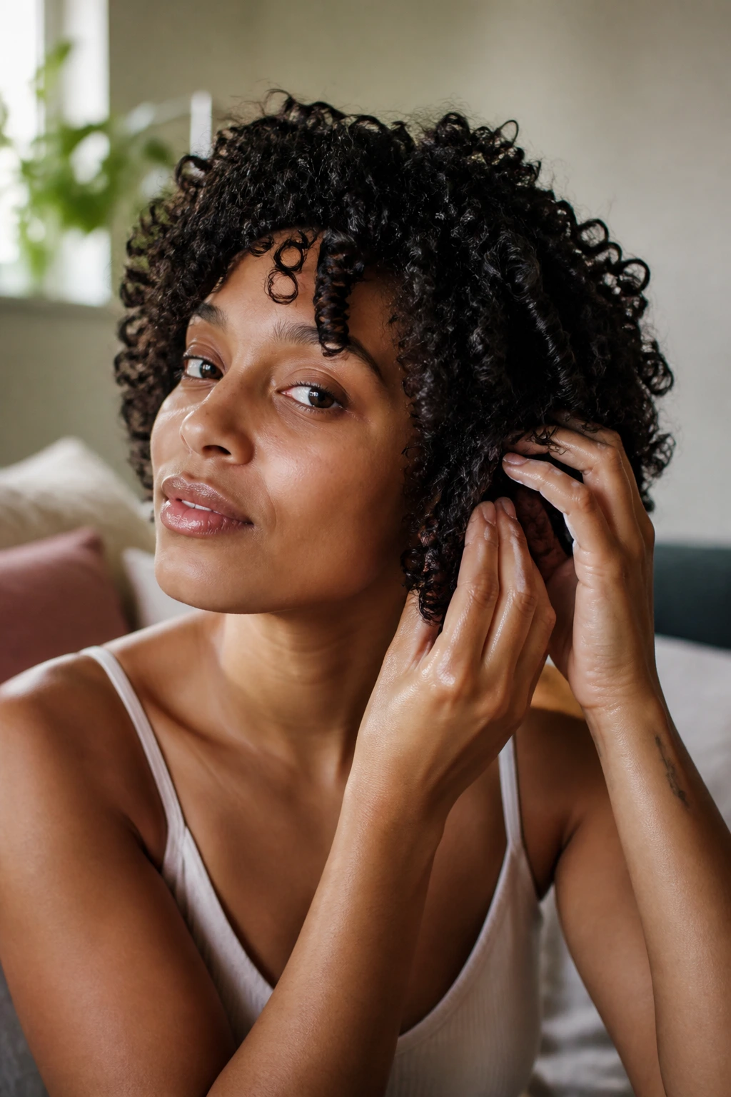 Real person maintaining curl shape at home with leave-in conditioner