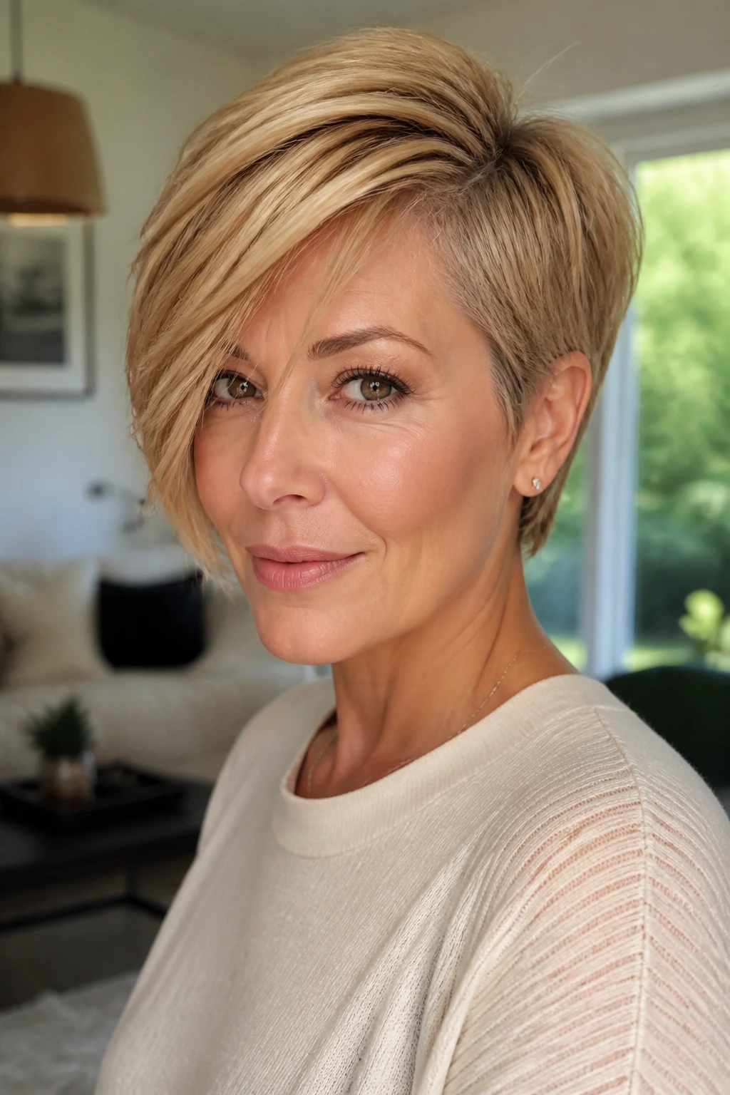 Close-up portrait of a real woman with a side-swept honey-blond bixie