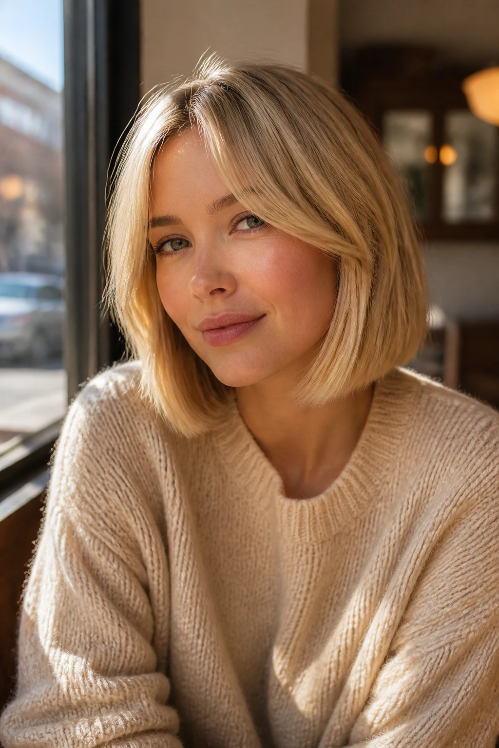 Real woman with honey blonde curtain-banged bob in a cafe window setting