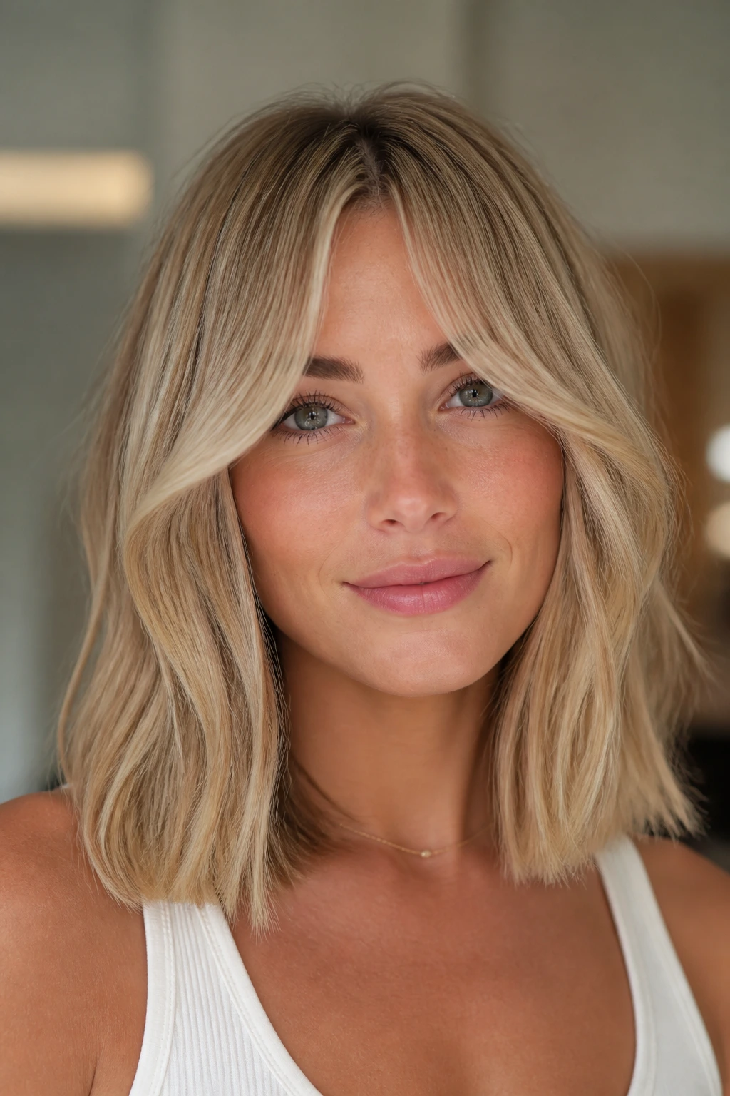 Close-up of honey blonde lob with curtain bangs on a real person