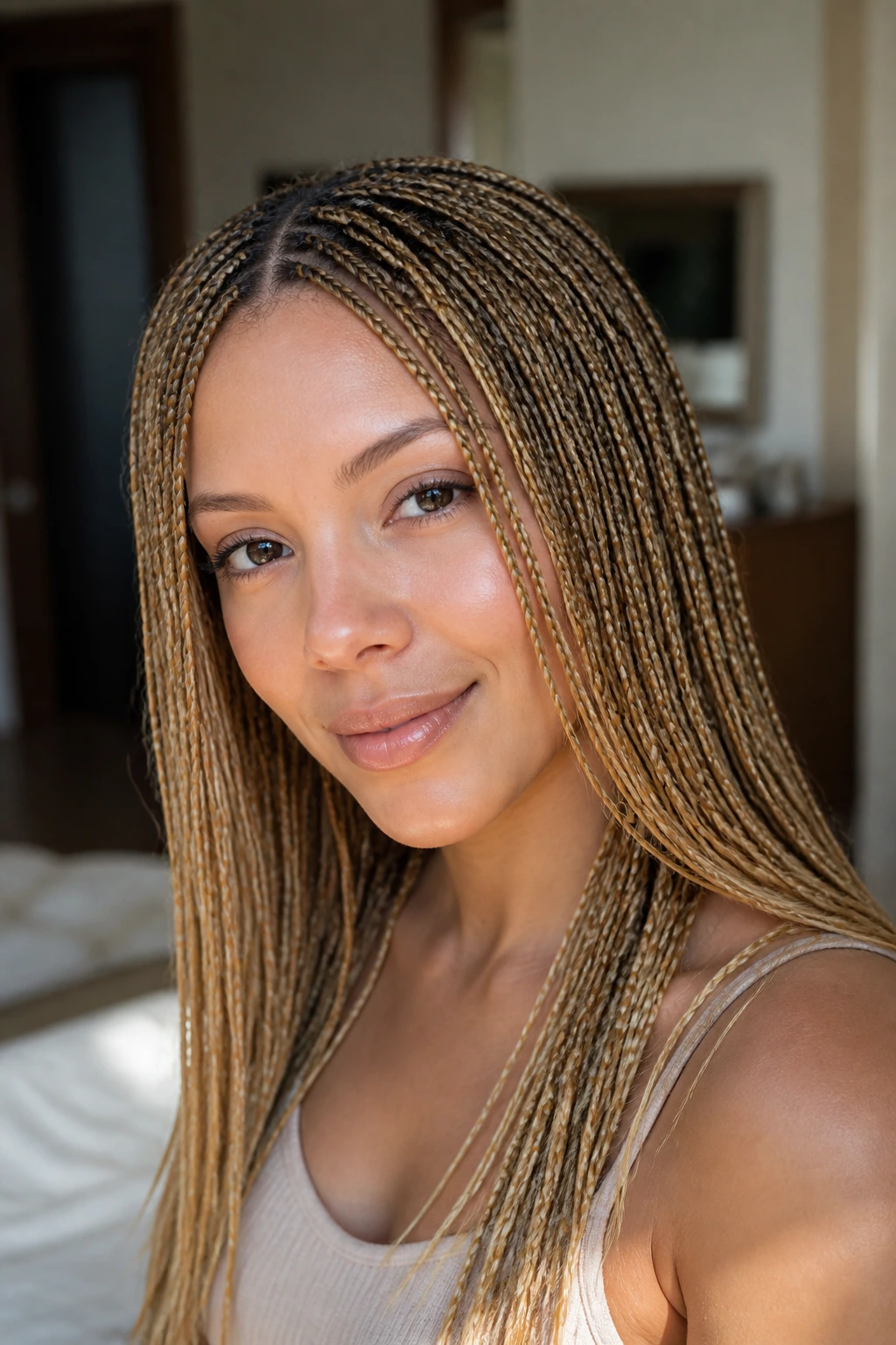 Real person wearing honey-blonde micro braids in soft natural light