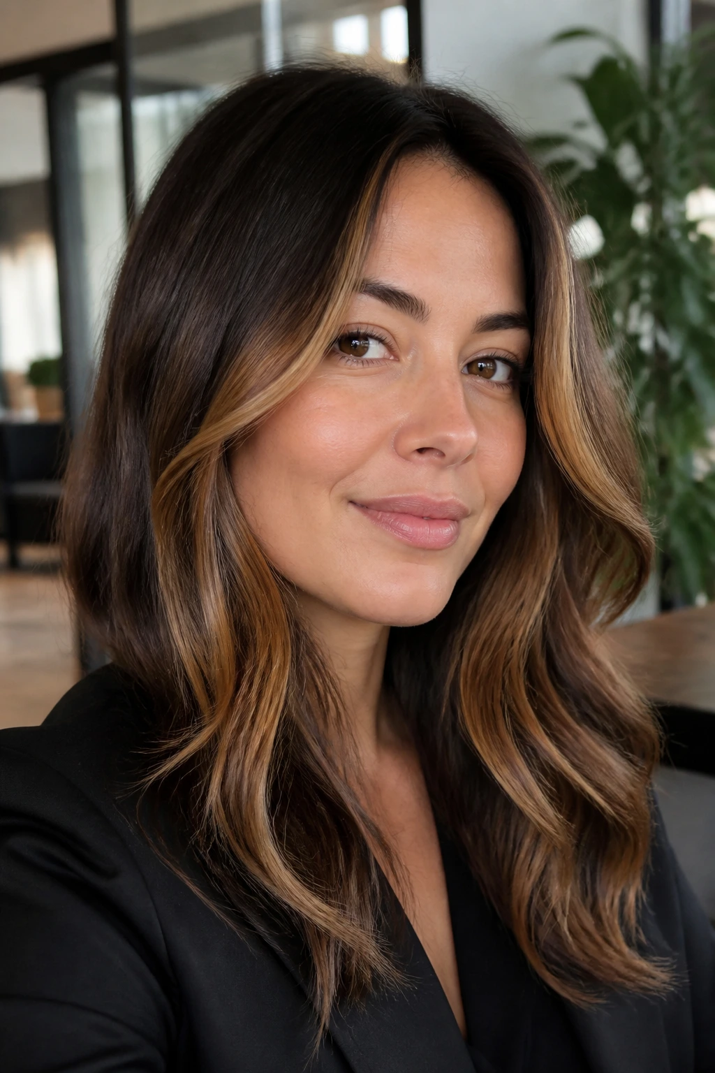 Close-up of a woman with honey caramel face-framing ribbons in an office look.