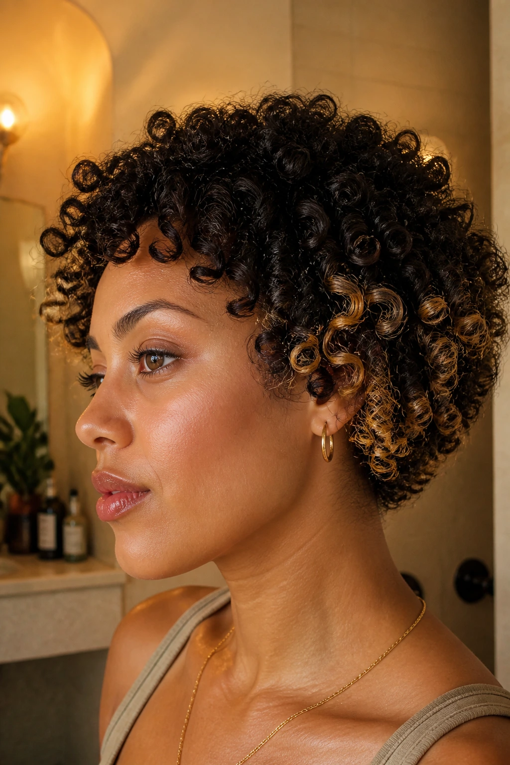 Close-up of honey-gold tapered tips on short curly hair