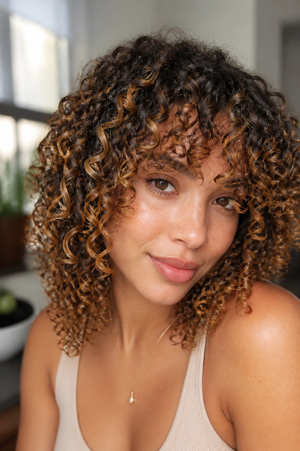 Close-up of 3B curls with honey ribbon highlights at the front