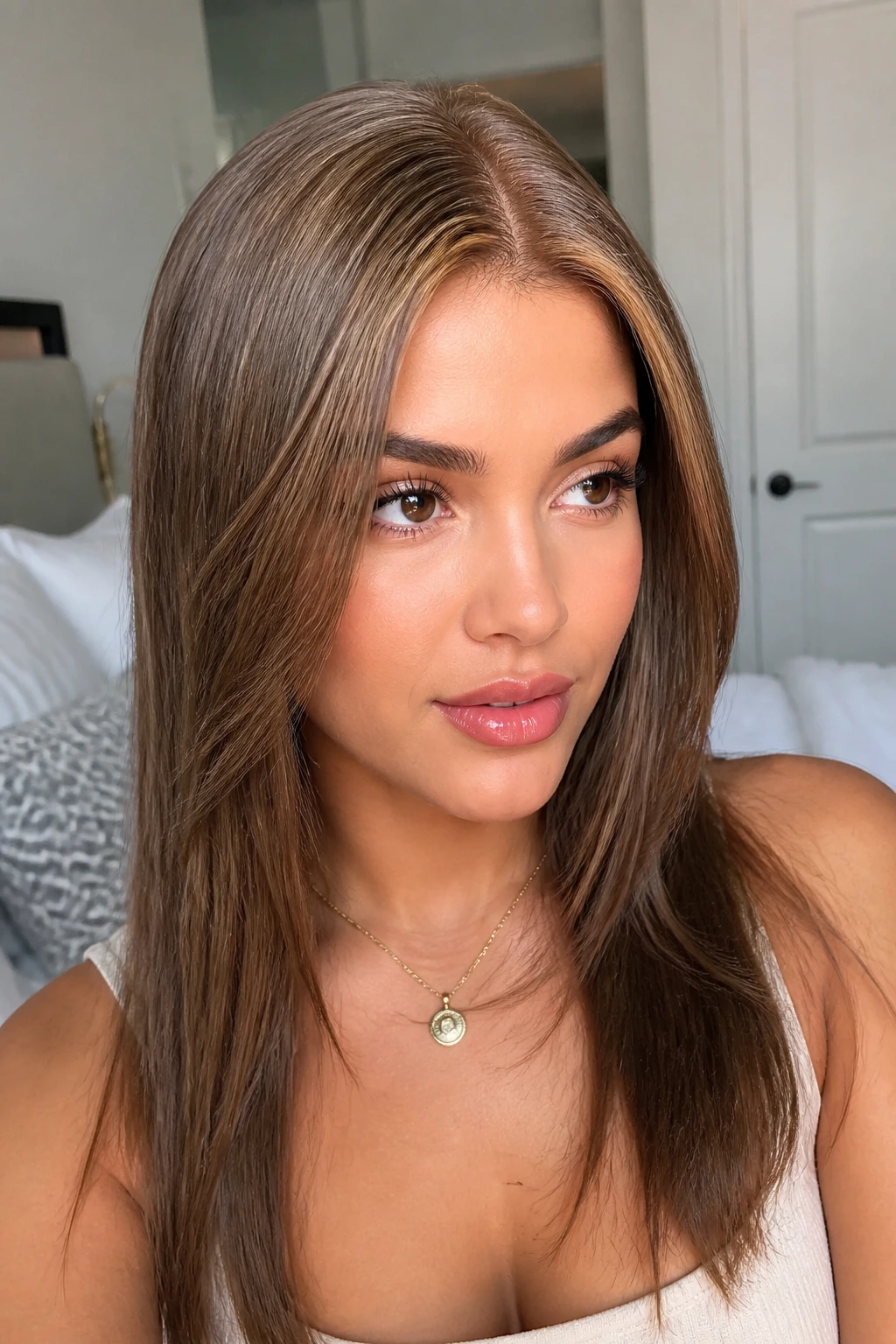 Close-up of woman wearing honey brown straight layered wig with silk base and natural scalp illusion