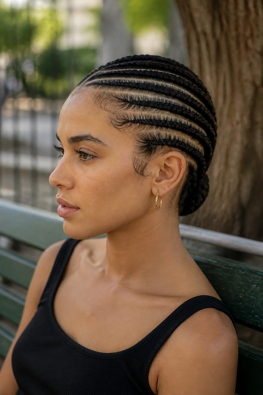 Close-up portrait of a real person with horizontal ear-to-ear cornrows.