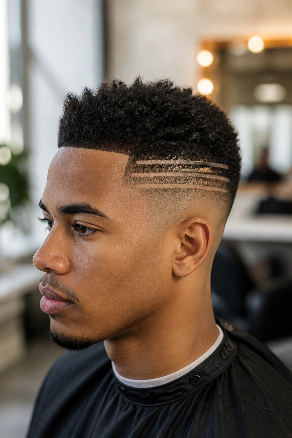 Close-up of a real person showing horizontal lines carved into a high fade on the side of the head.