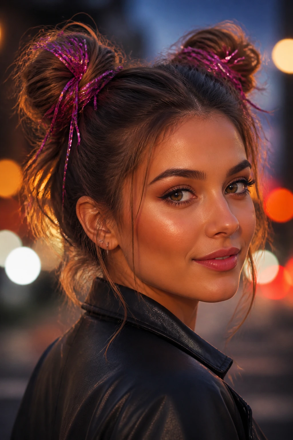 Close-up of a real person with two space buns and hot pink tinsel accents
