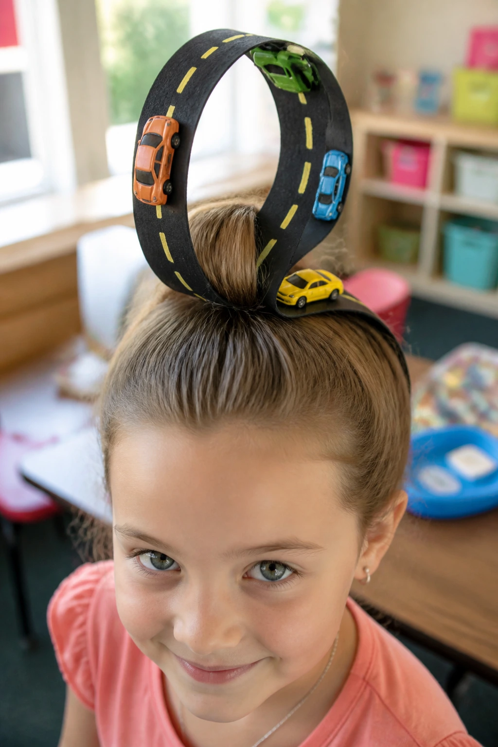 Close-up of child with hot wheels track loop on high ponytail and toy cars
