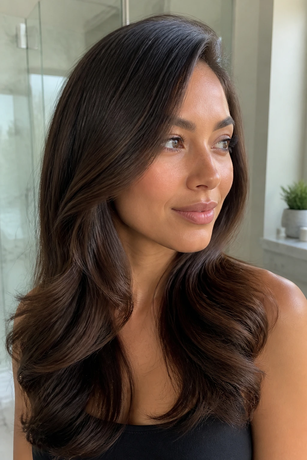 Close-up of a real woman with smooth, humidity-controlled hair in a softly lit bathroom