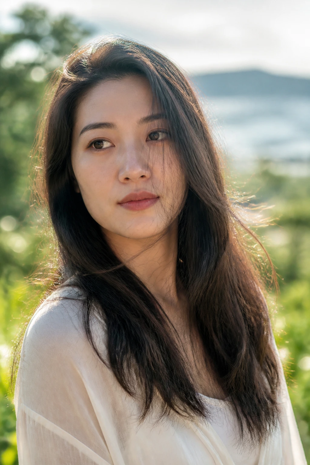 Portrait of a real person with hair responding to humidity outdoors