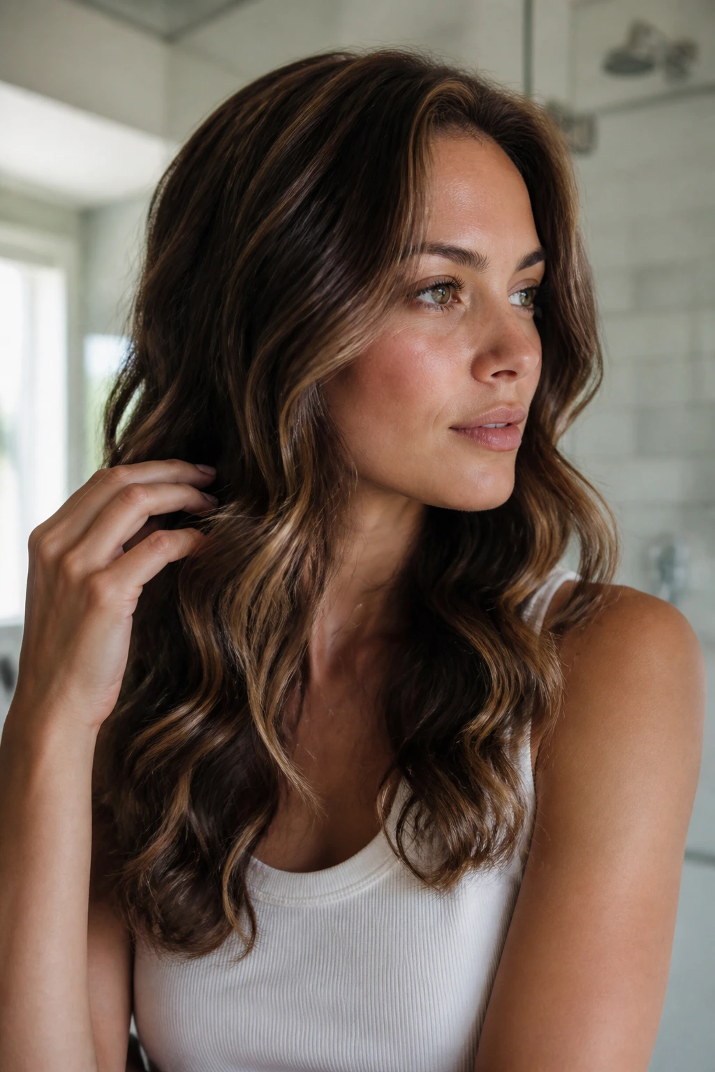 Close-up of defined waves with anti-frizz serum in a humid bathroom