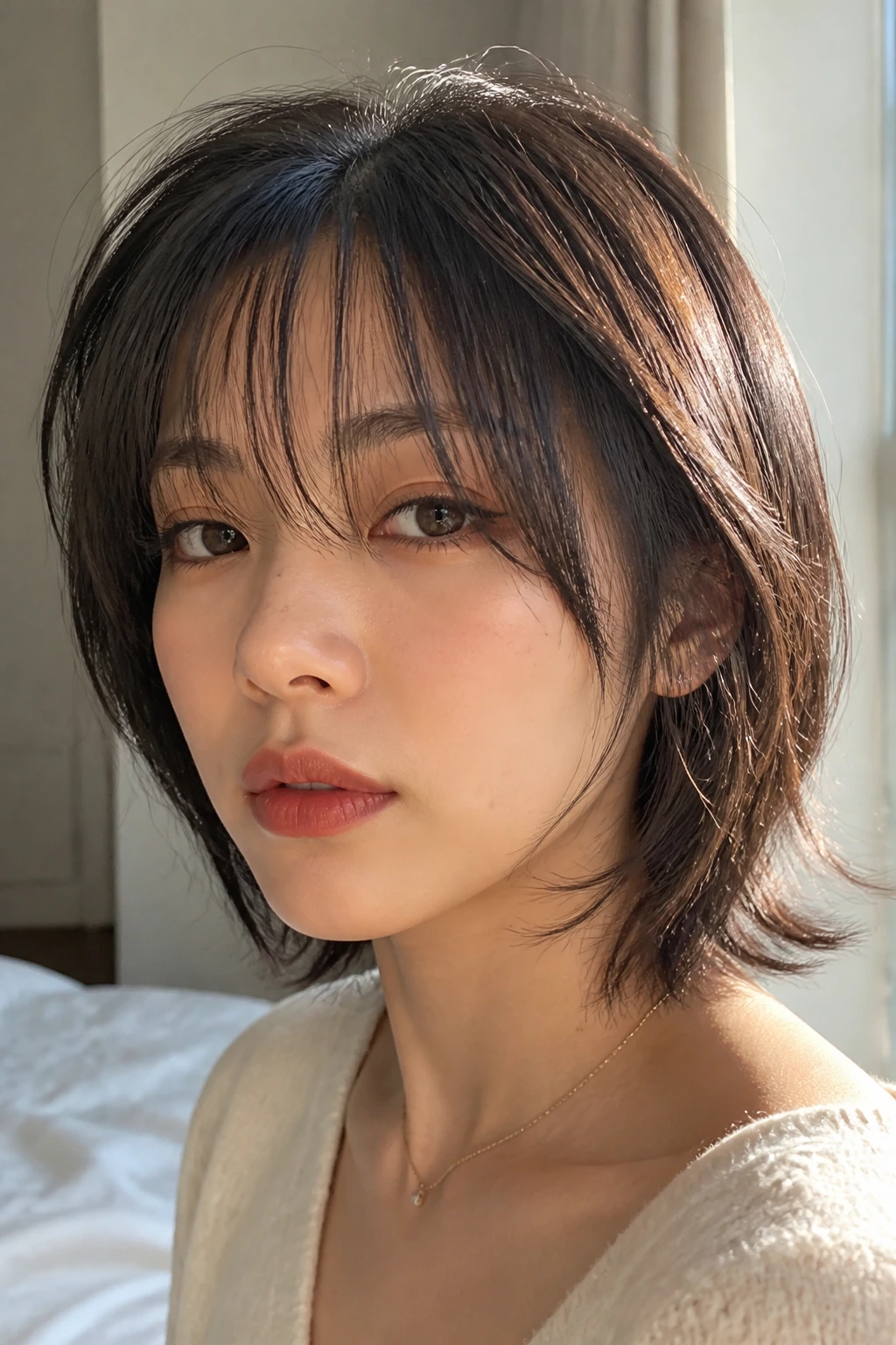Portrait of Hush Cut with wispy bangs hugging the face