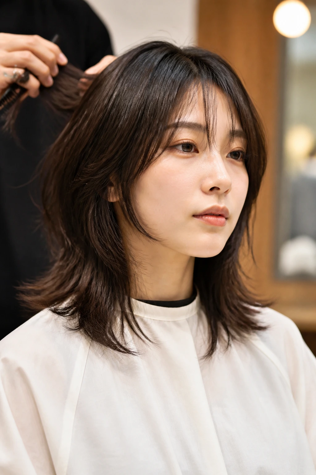 Close-up of a real person with Layered Hush Cut and texturized ends