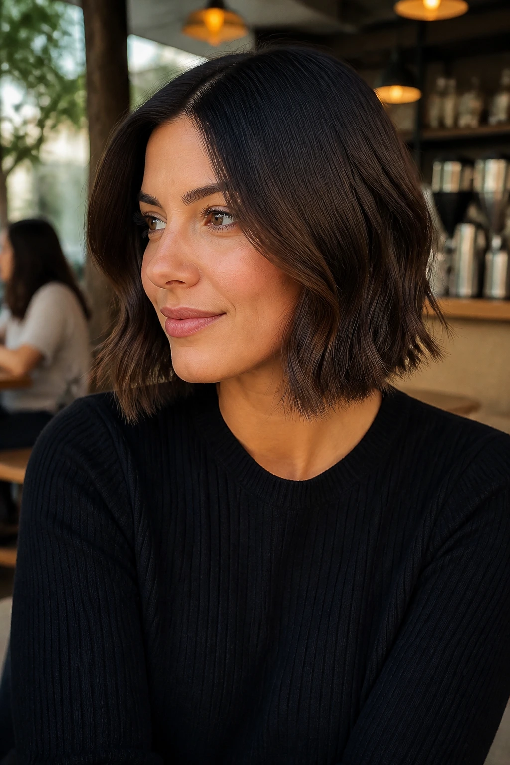 Portrait of a real woman with a sleek-to-wavy hybrid bob showing smooth roots and waves
