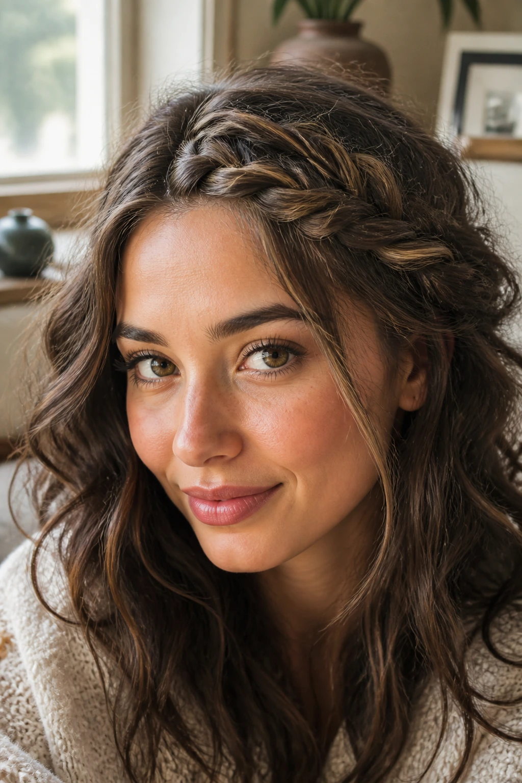 Close-up of a real woman with a messy fishtail-French hybrid braid across her forehead