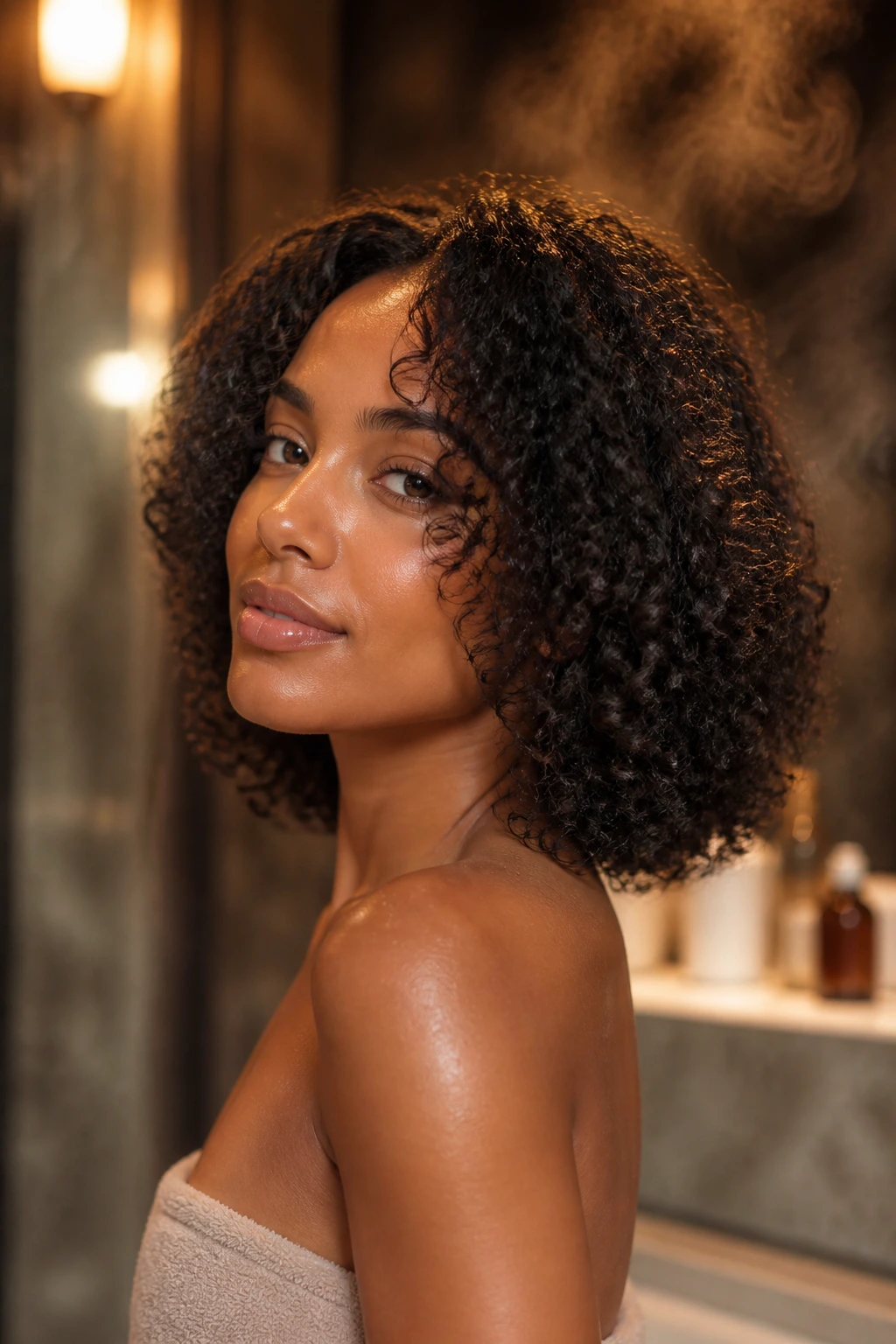Glossy, hydrated shoulder bob after conditioning in a cozy spa-like setting