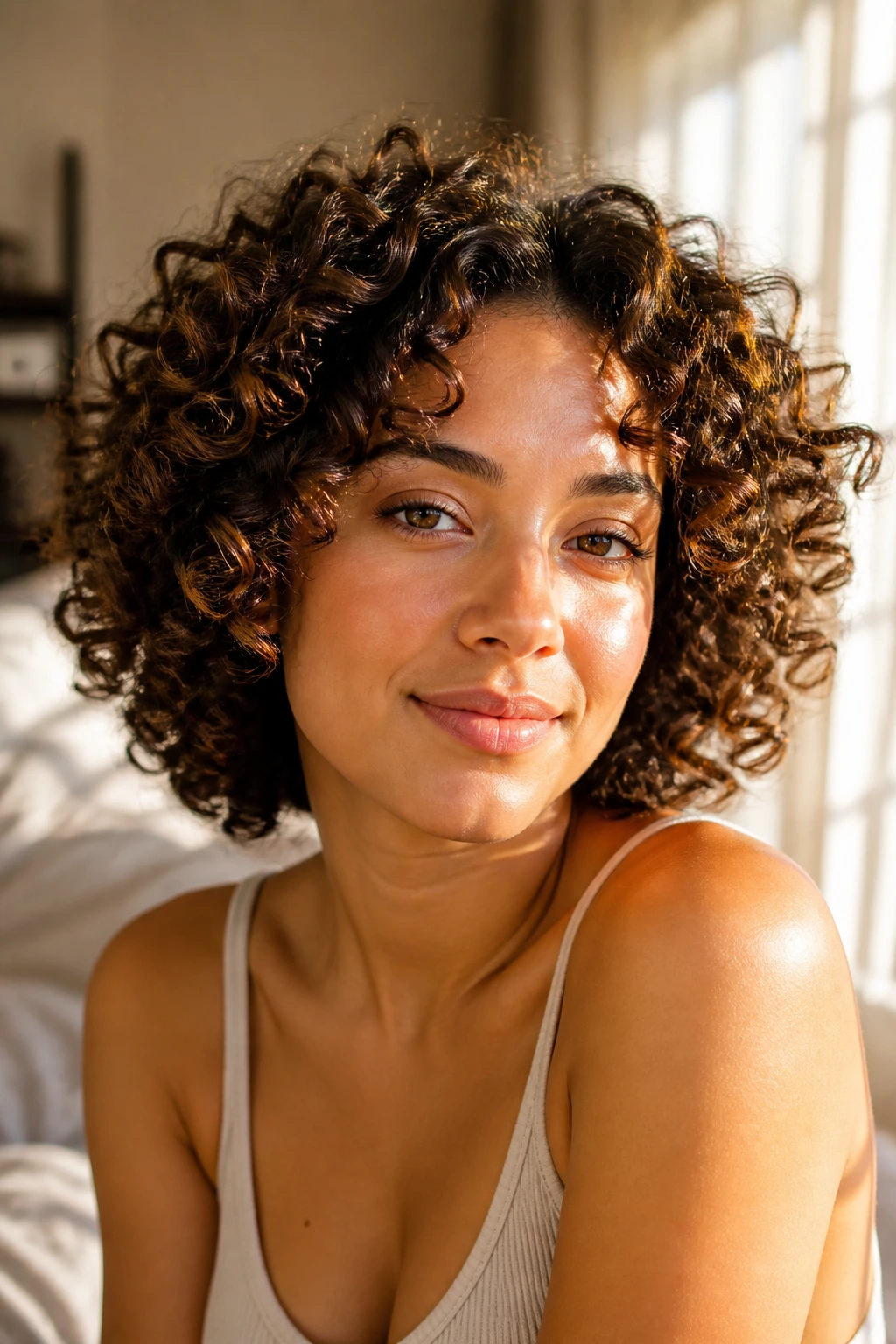 Close-up portrait of a woman with halo of hydrated curls around her head