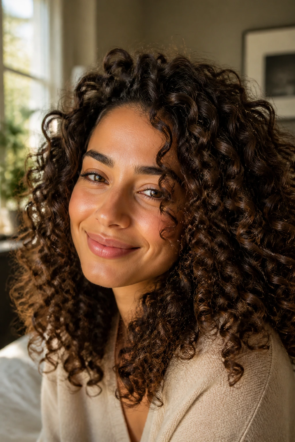 Close-up of a person with hydrated curls in natural light
