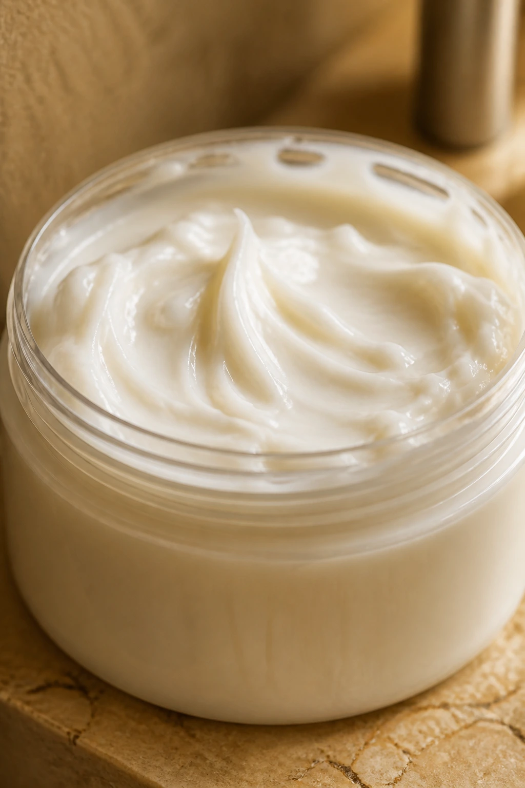 Close-up of a blank-label hair mask jar on a bathroom shelf with warm lighting