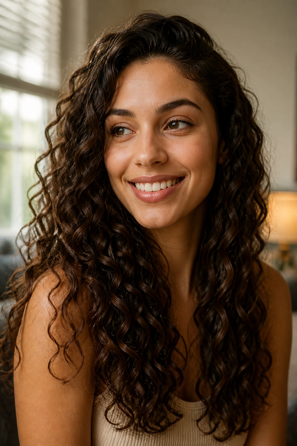 Portrait of hydrated, glossy curls on a real person